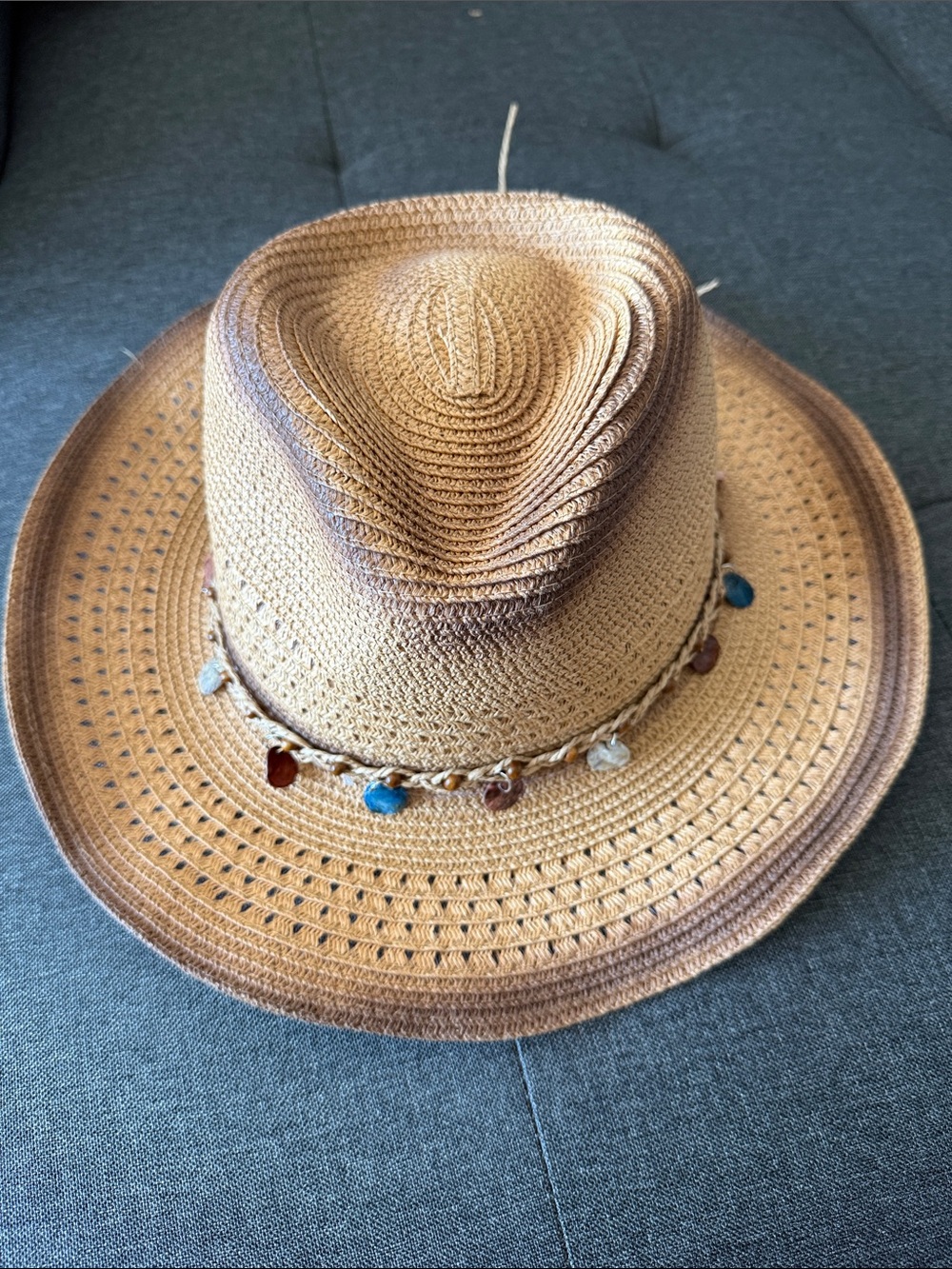 Natural Straw Fedora Hat with Beaded Accents - Tan